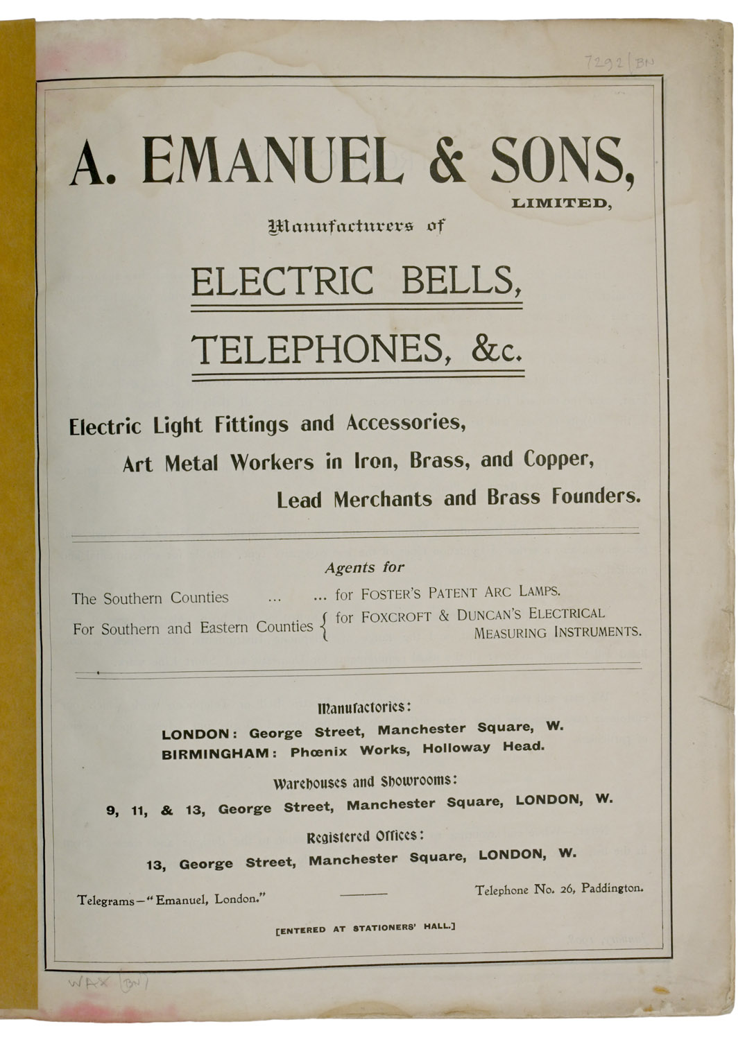 Illustrated Catalogue of Electric Bells and Telephones. Fifth Edition.