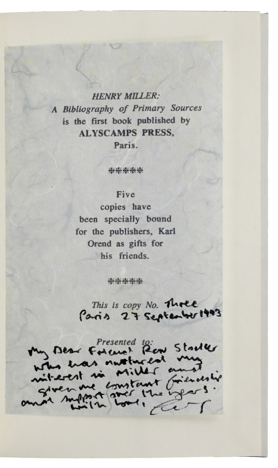 Henry Miller: A Bibliography of Primary Sources. With an Original Preface by Henry Miller