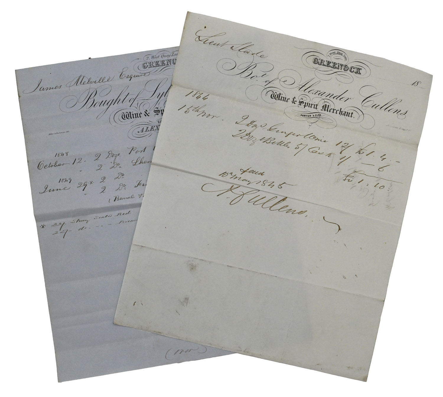 Two receipts for purchase of wine and spirits.